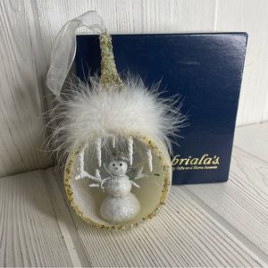 3D Snowman Christmas Ornament Bulb Feathers Glitter 7” in Box Icicles White